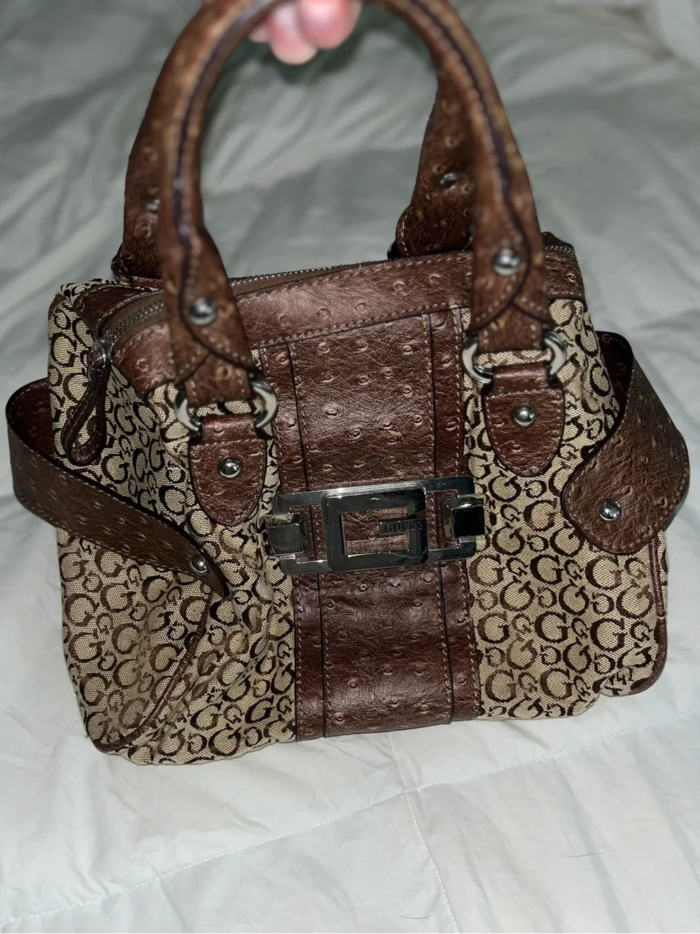 Vintage Guess Y2K Brown Monogram Satchel Bag Faux Ostrich